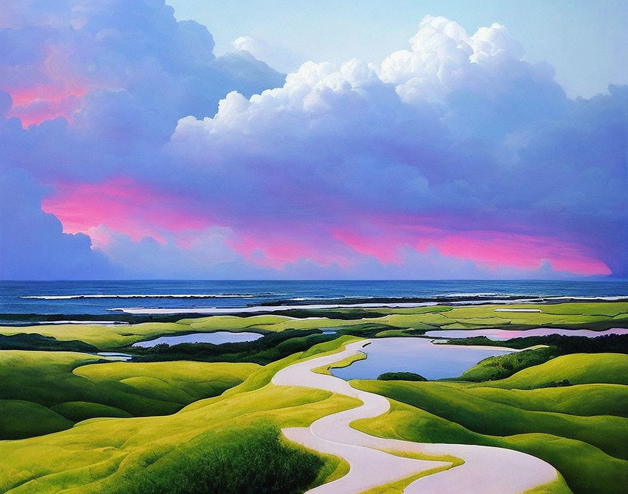 Lush green dunes, winding path, tranquil water, pink-hued sky at dusk