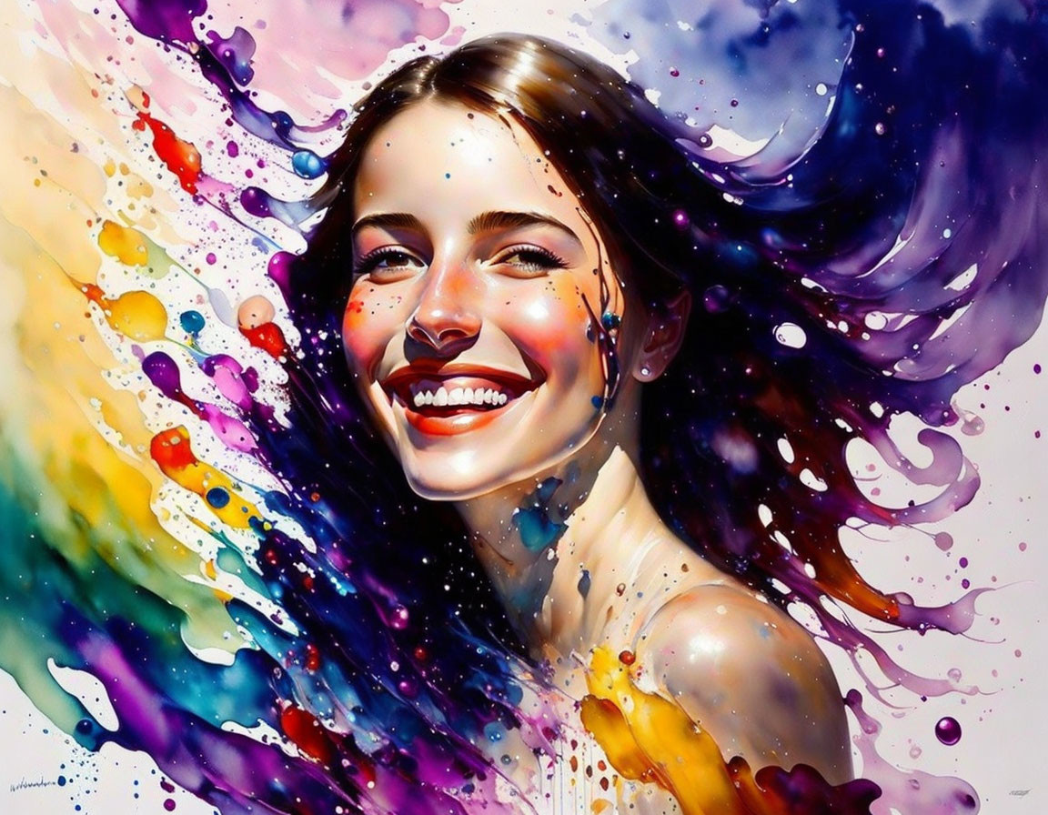 Colorful portrait of smiling woman with watercolor splashes