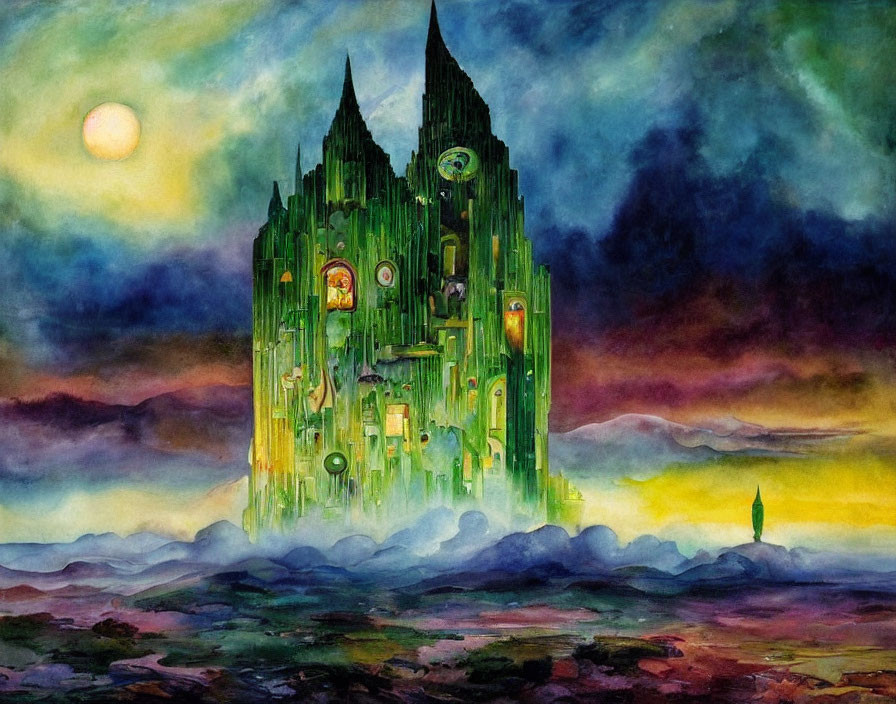 Fantastical Watercolor Painting: Green Crystal Castle in Twilight Sky