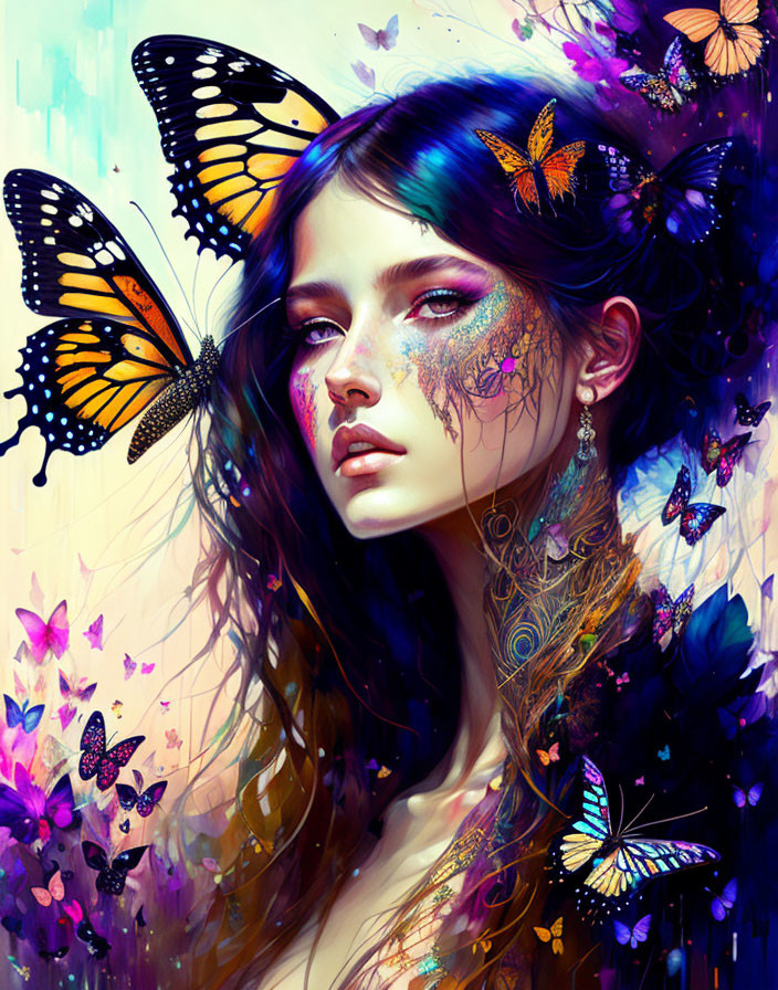 Colorful Digital Artwork: Woman with Butterflies, Floral Patterns, and Face Paint