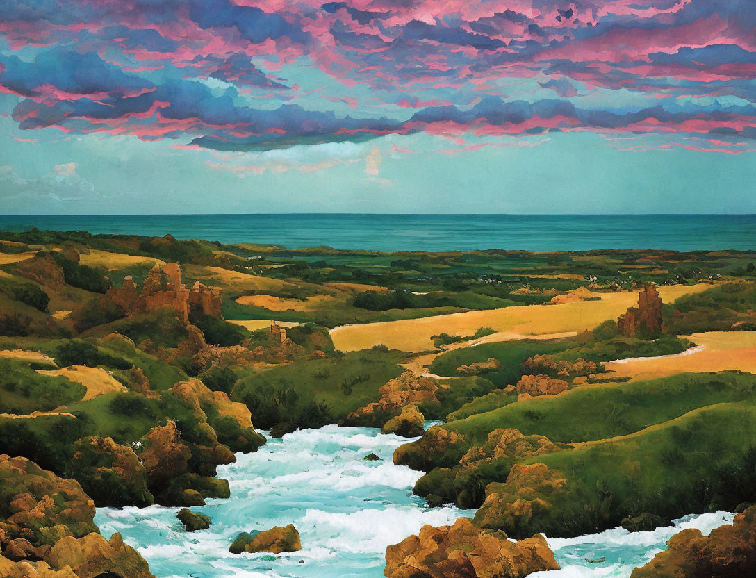 Scenic landscape painting with river, greenery, sand dunes, and dramatic sky