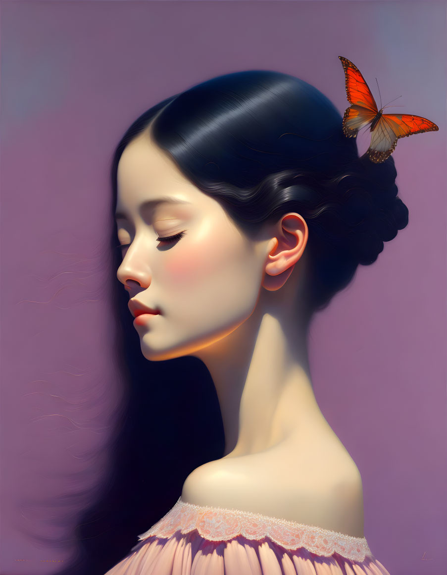 Serene woman with butterfly on head in soft lighting and pastel backdrop