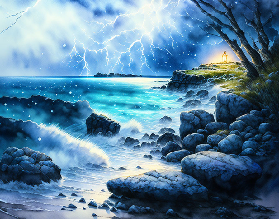 Stormy seaside landscape at night with lightning, choppy sea, rocky shores, and distant lighthouse