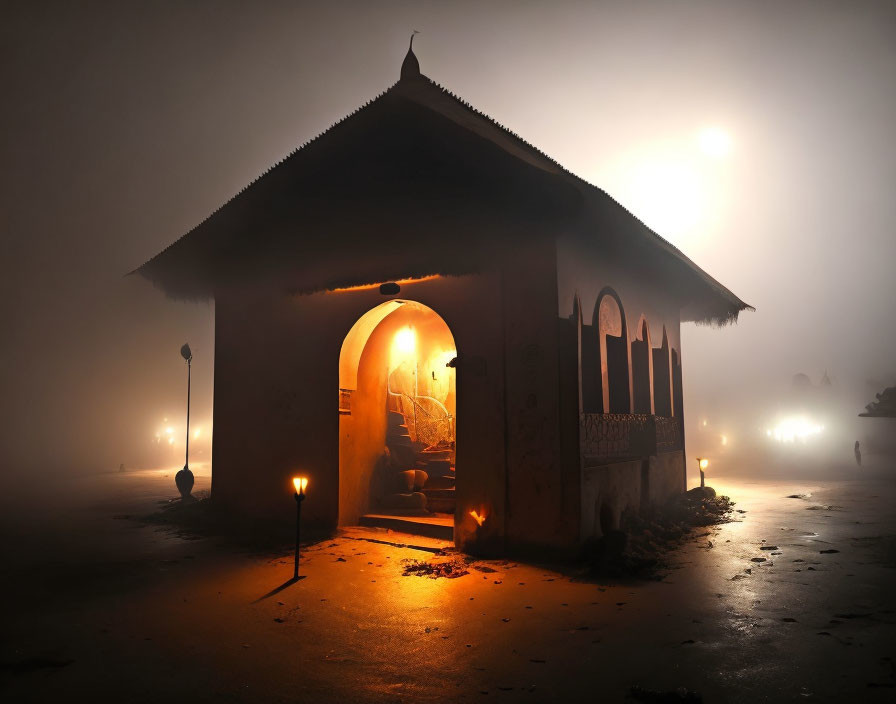 Mystical foggy scene with illuminated building and torches