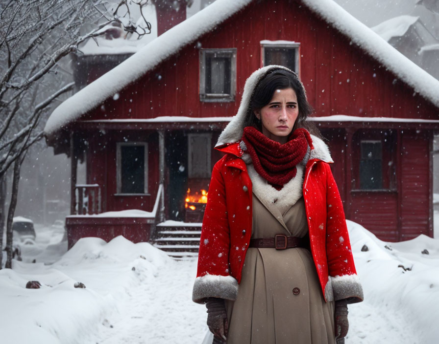 Person in red coat by snowy red house with falling snowflakes