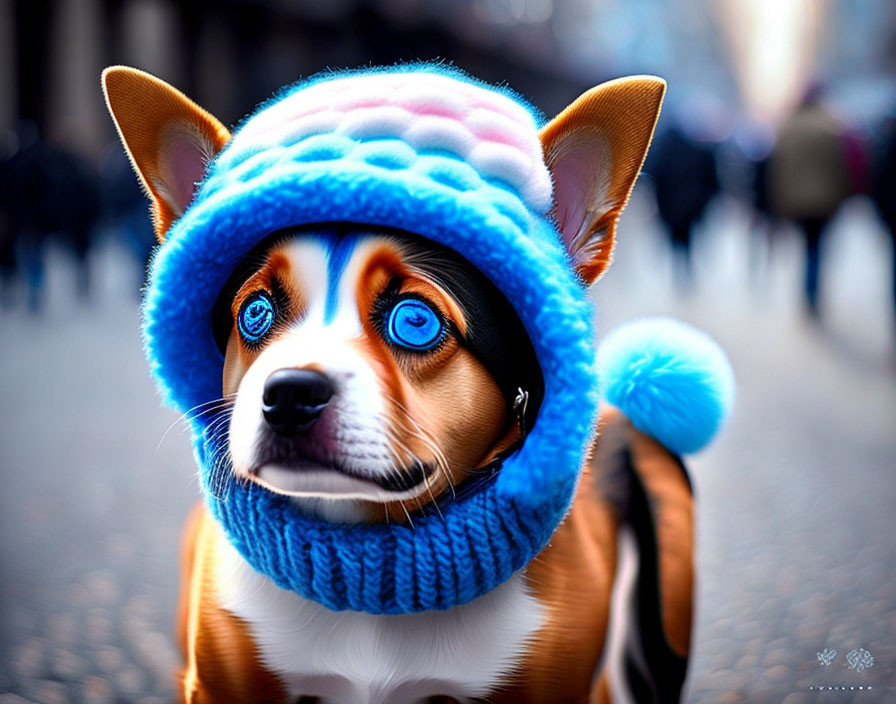 Blue-eyed dog in colorful hat and scarf among blurred people