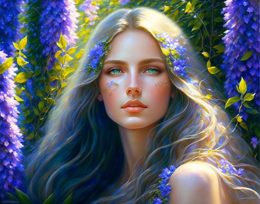 Blonde woman surrounded by purple wisteria and blue flowers