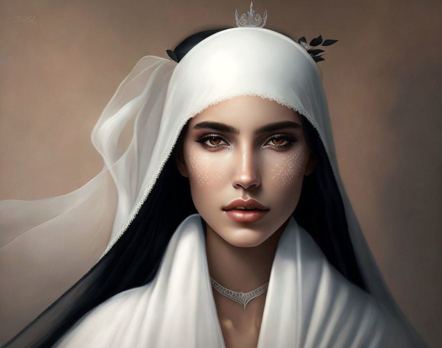 Portrait of woman with white headscarf, silver tiara, dark hair, and freckles