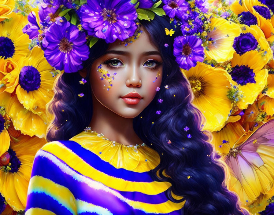 Detailed illustration of woman with purple and yellow floral hair surrounded by butterflies