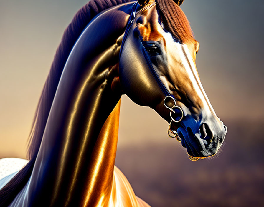 Majestic horse with shiny coat and bridle on blurred background