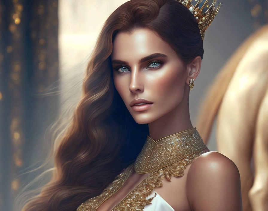 Digital artwork: Woman with brown hair, blue eyes, golden crown, and jewelry on blurred backdrop