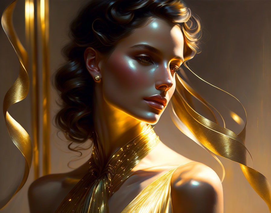 Elegant woman with golden ribbons in warm light