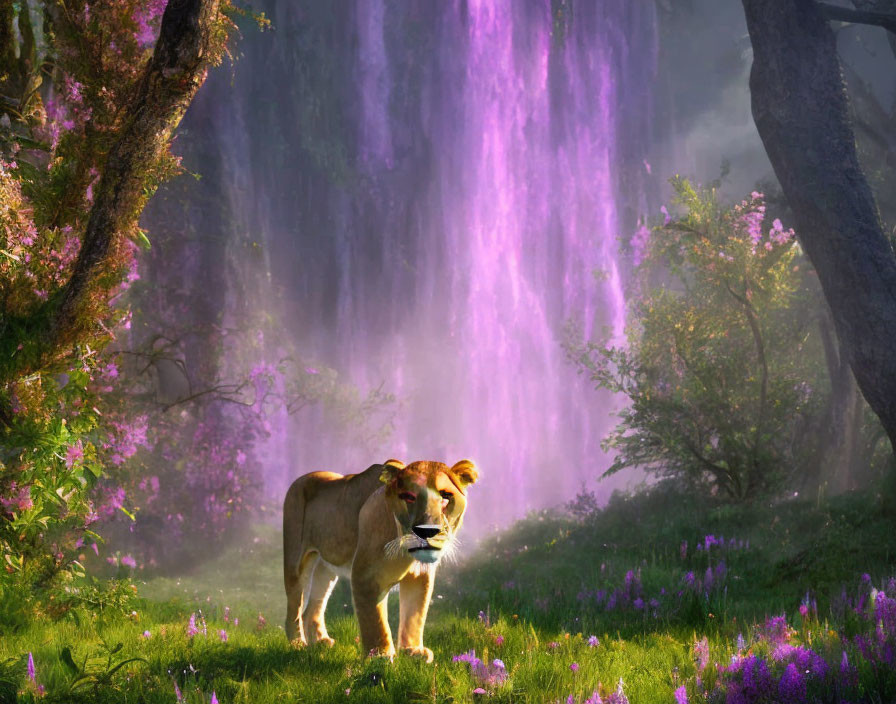 Majestic lioness in vibrant forest with purple flowers and violet waterfall