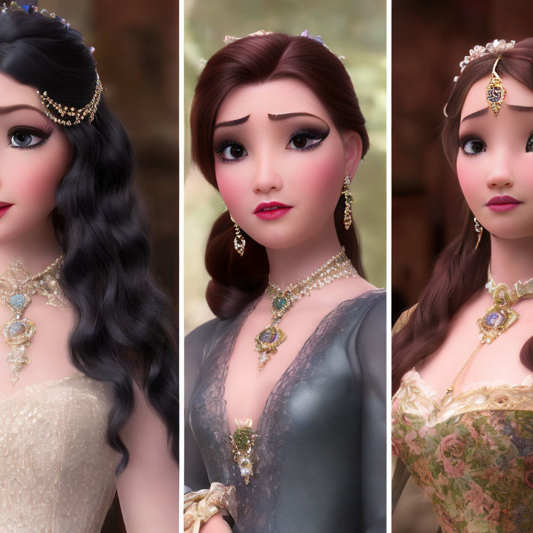 Three animated princesses in elegant gowns and jewelry showcase distinct styles with unique hair and dress colors.