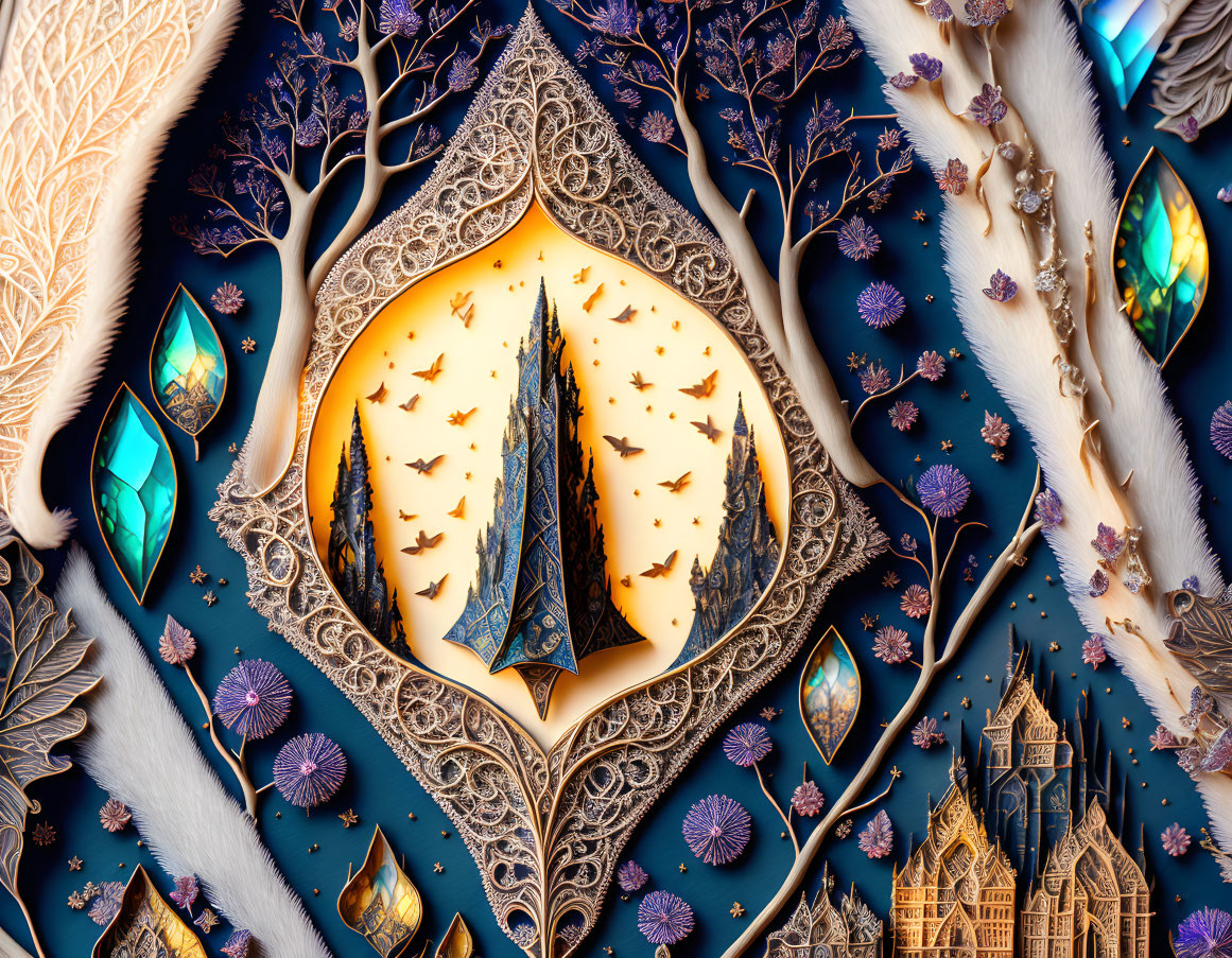 Fantasy-themed papercut art: trees, castles, birds, feathers, gemstones on