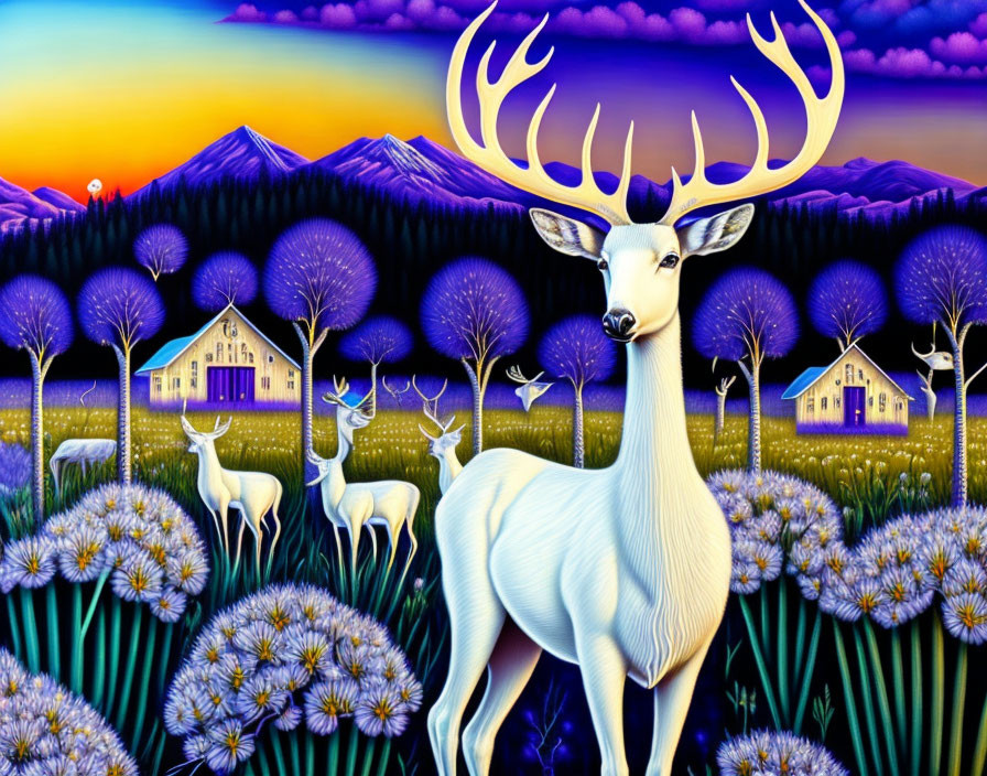 Stylized image of white deer with glowing antler, purple trees, whimsical houses, and