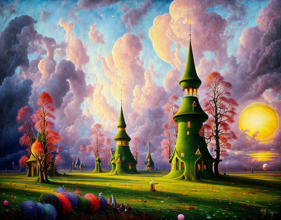 Vibrant landscape painting with green towers, colorful foliage, and dramatic sky