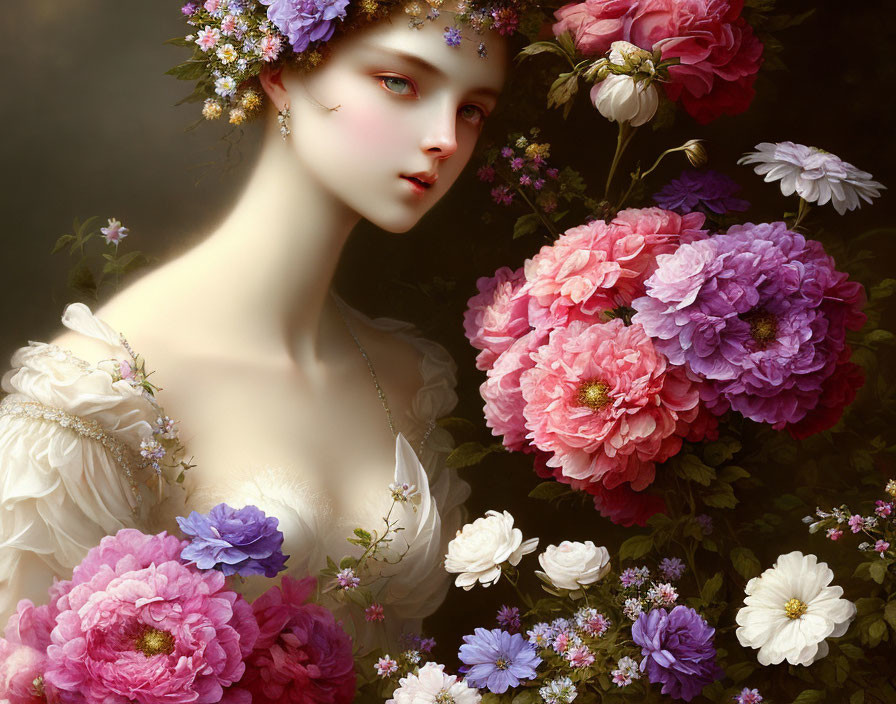 Woman with Flowers in Hair and Around Her, Serene and Ethereal Portrait