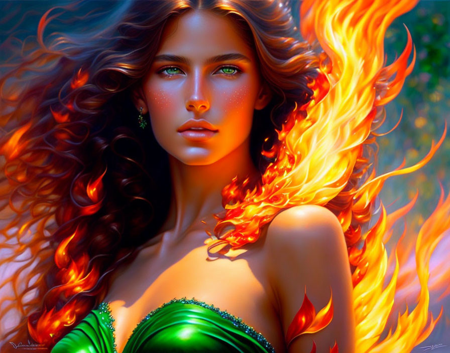 Fantasy illustration of a fiery-haired woman in green dress with intense gaze