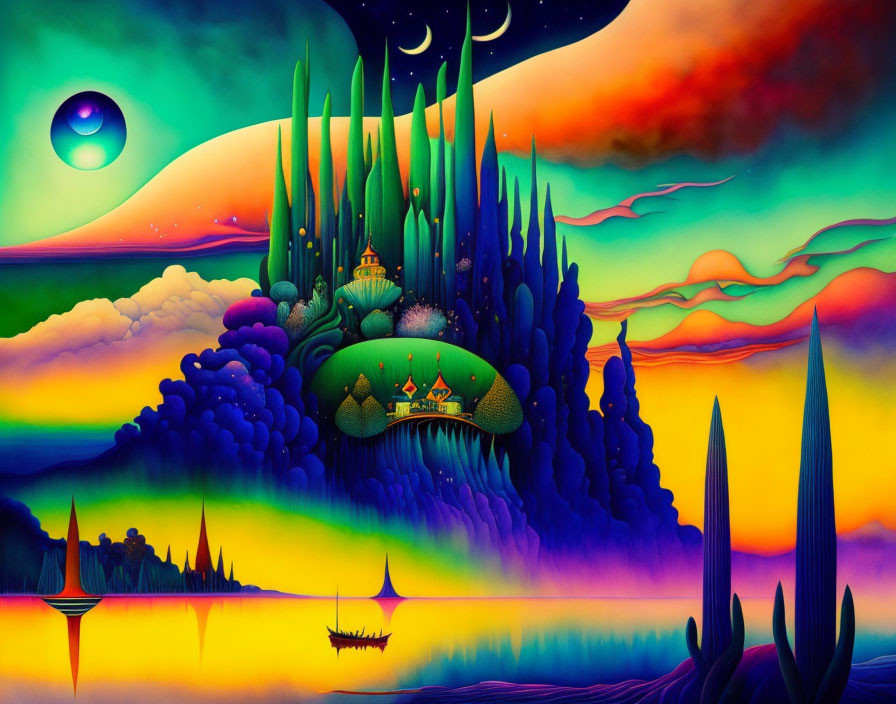 Colorful surreal landscape with boat, castle, and celestial bodies