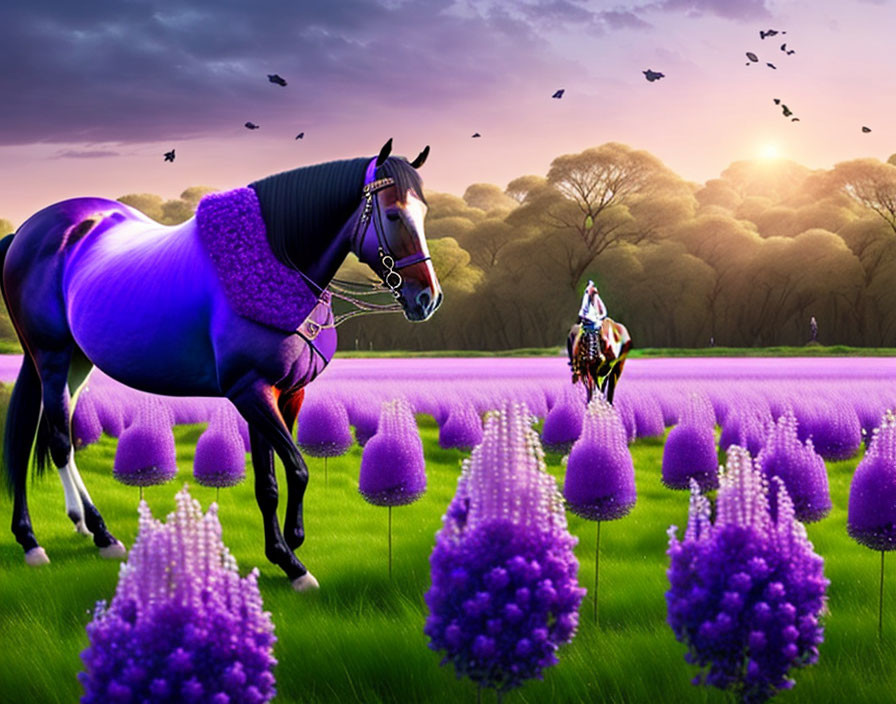 Purple blanket horse in vibrant field with rider under sunset.