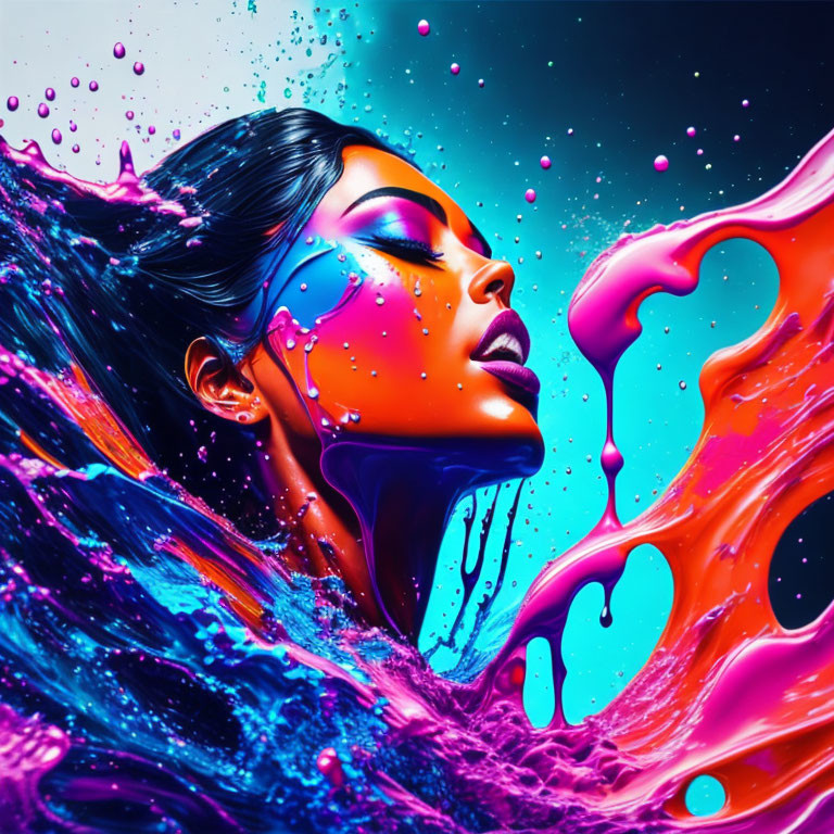 Colorful digital art: Woman's profile with swirling colors & liquid splashes