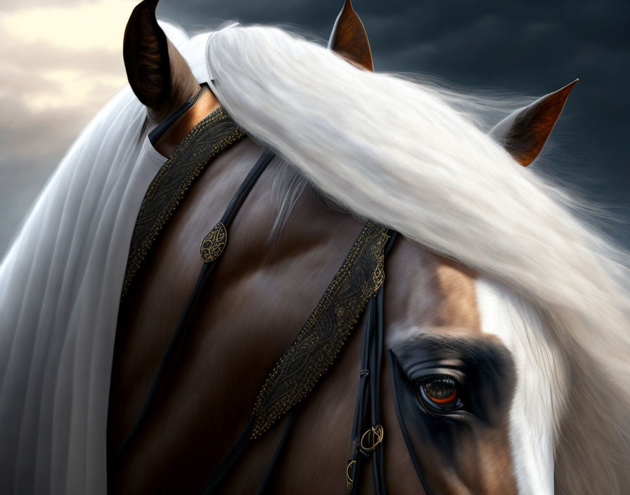 Brown horse with white mane and ornate bridle under cloudy sky