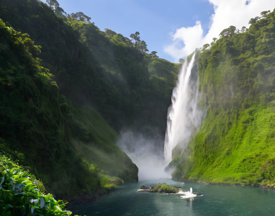 Majestic waterfall flowing into serene river with mist and green hillsides