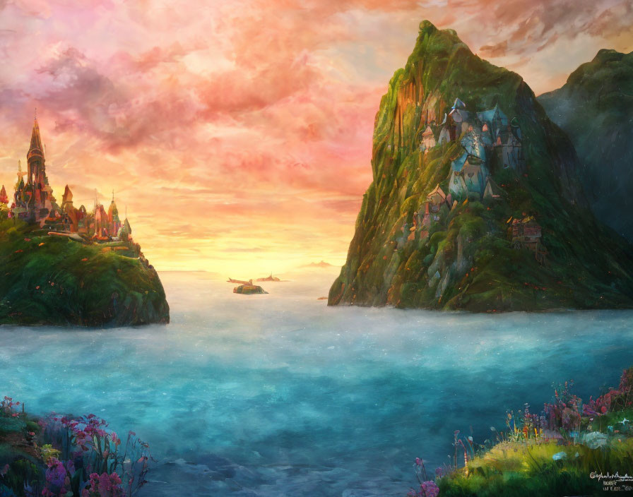 Fantasy landscape with colorful sunset, green cliff, castles, and sailing boat.