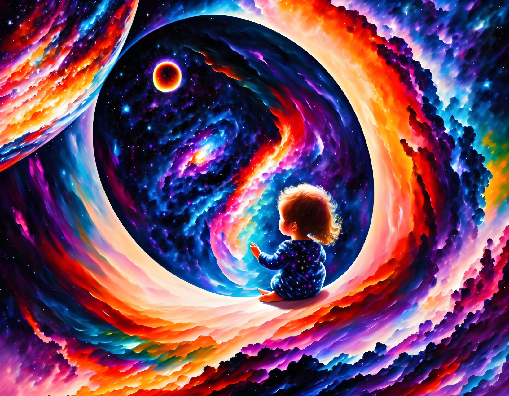 Toddler in cosmic whirlpool surrounded by stars and nebulae