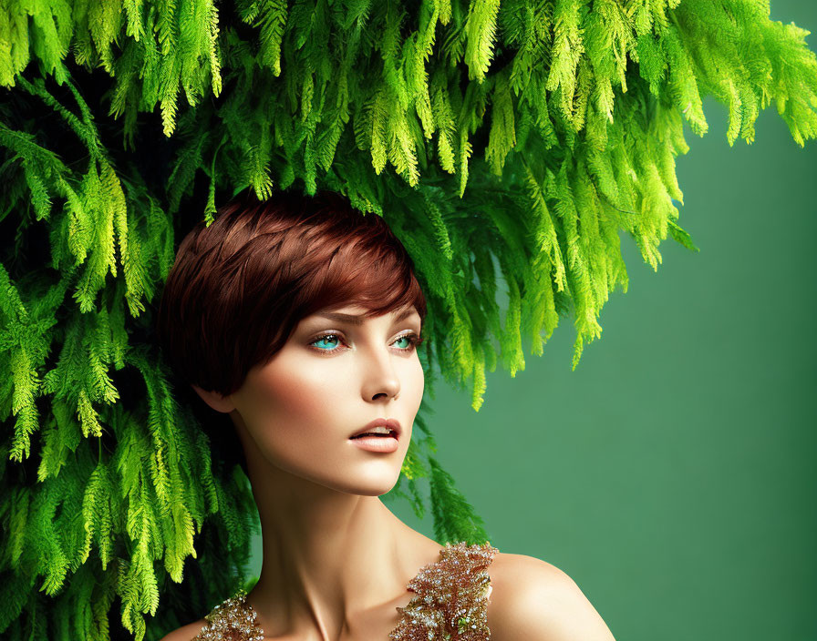 Short Brown-Haired Woman with Blue Eyes in Fern Canopy