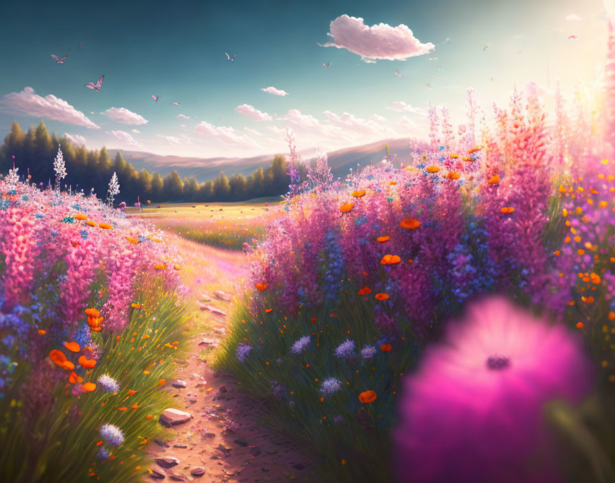 Colorful flower field with footpath, forest backdrop, serene sky, and butterflies