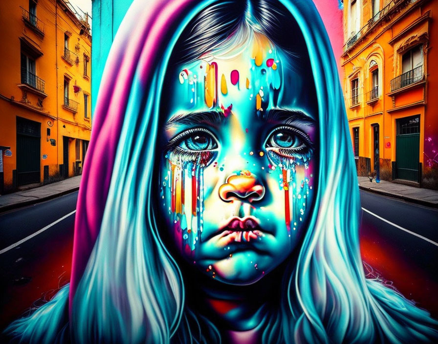 Colorful street art mural featuring young girl with multicolored tears