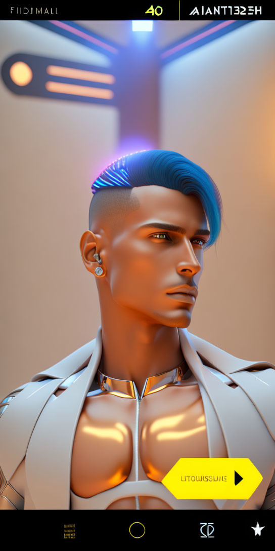 Digital portrait: Person with blue hair, neon accents, futuristic attire on orange background