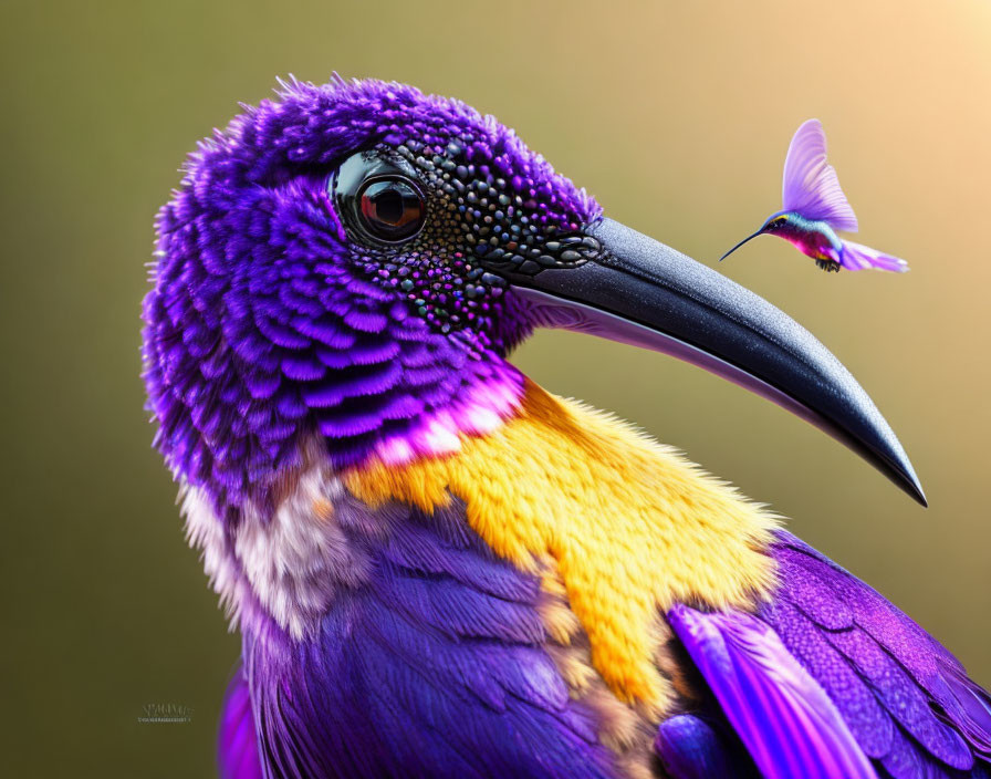 Colorful Purple and Orange Bird with Long Black Beak and Hummingbird in Flight