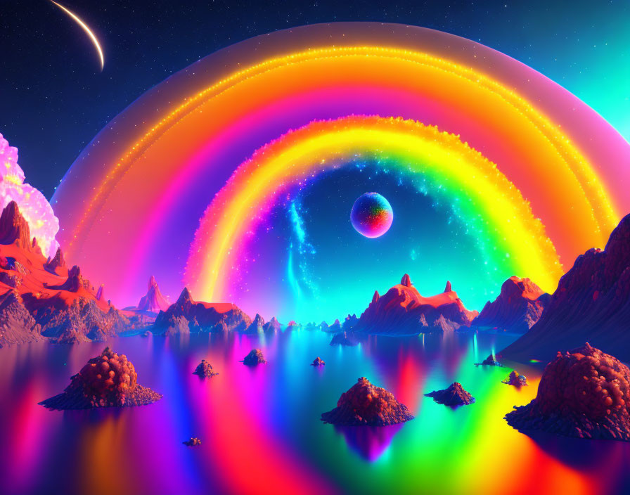 Colorful digital art landscape: rainbow, neon lake, mountains, starry sky, planets