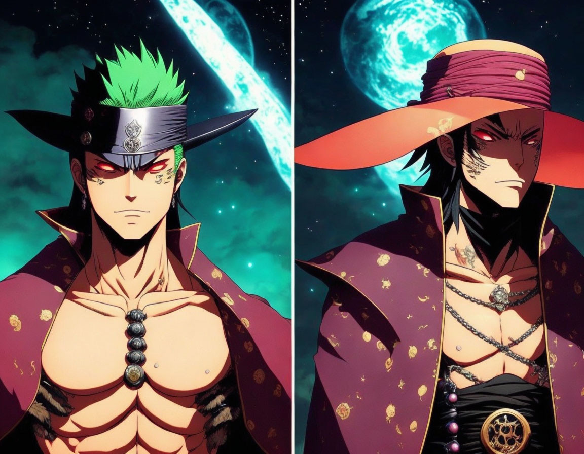 Animated characters with green hair and headband alongside character in wide-brimmed hat in cosmic setting.