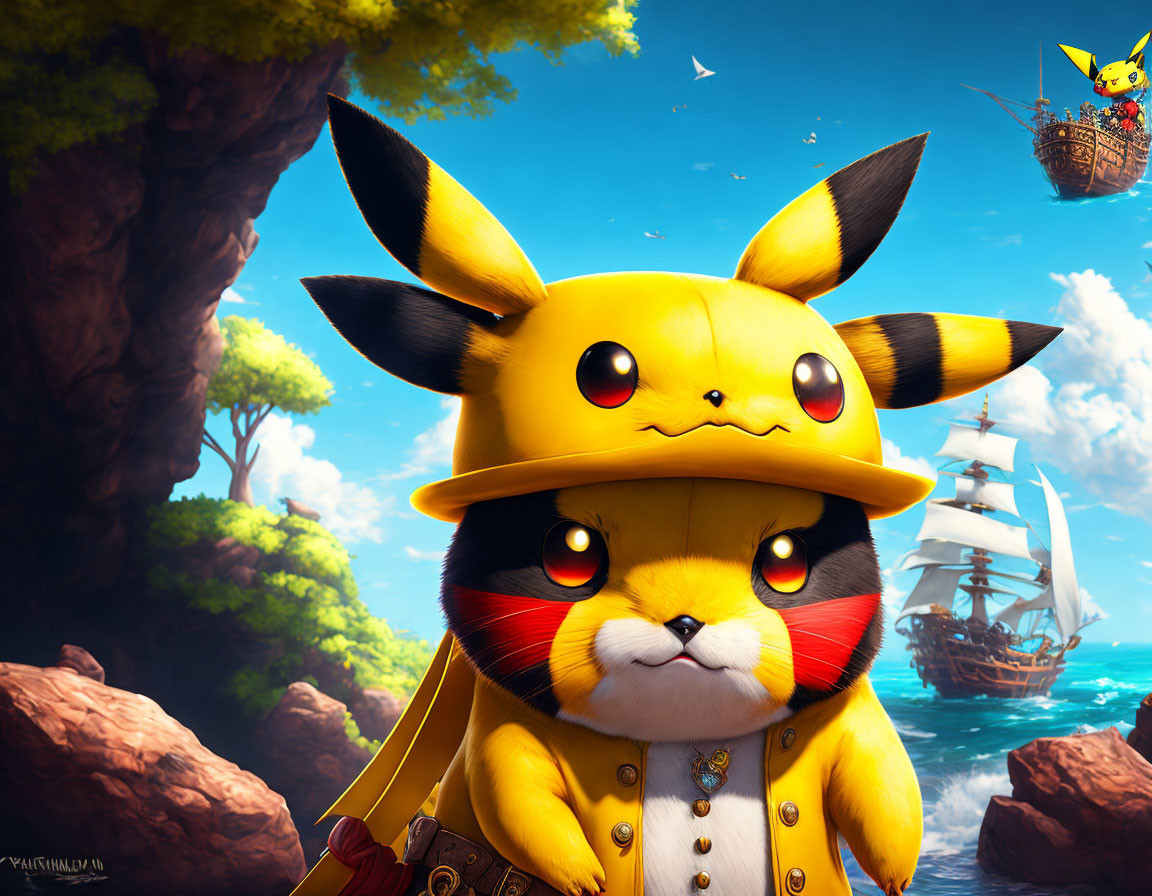 Stylized Pikachu and Pichu in pirate-themed illustration