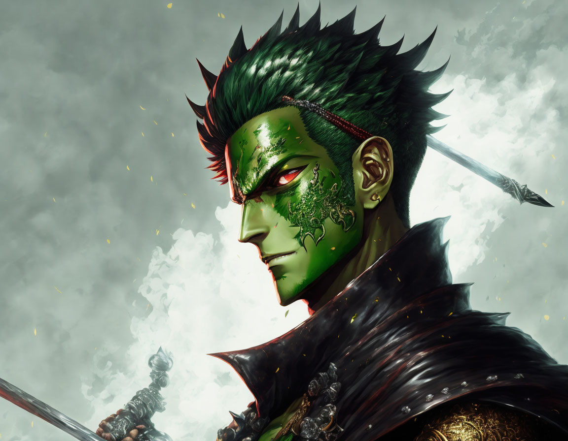 Green-skinned warrior with spiky hair and tribal markings holding spear under stormy sky