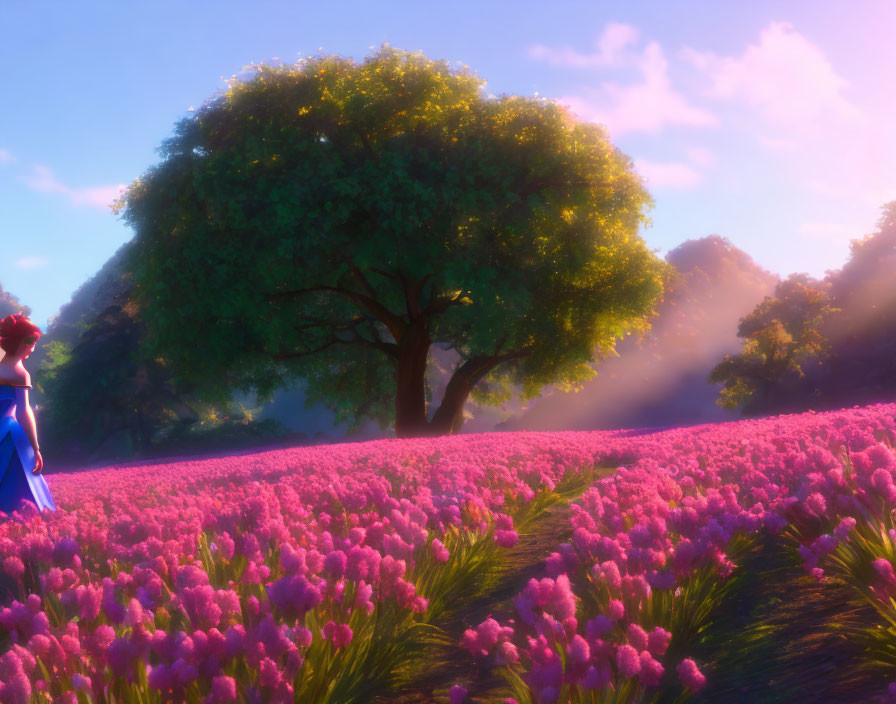 Red-haired animated character in purple flower field under majestic tree.