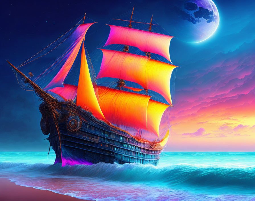 Digital artwork: Ancient ship with glowing orange sails on turquoise sea under moonlit sky