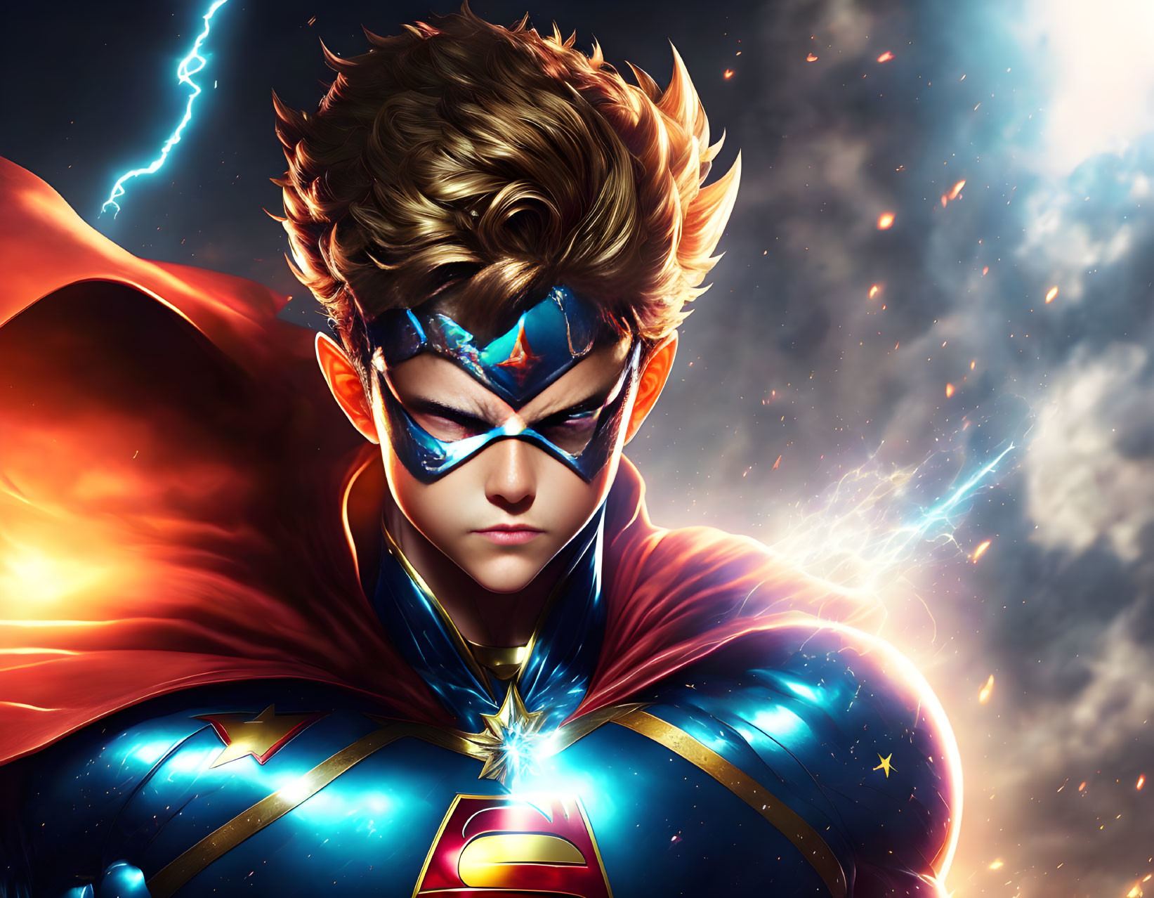 Young male superhero in stylized suit and cape with cosmic lightning background.