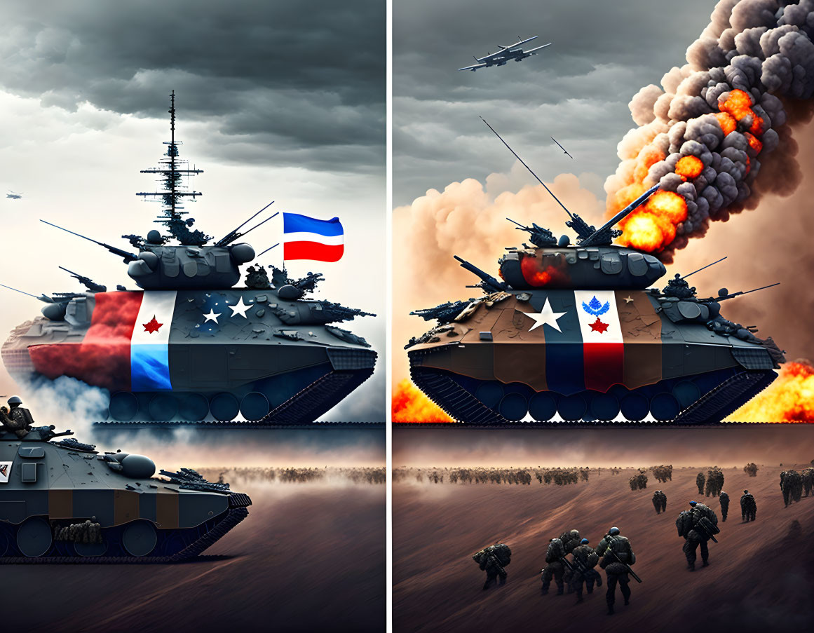 Split-image artwork: Military tanks and troops in motion against serene sky and explosive battle scene