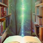 Magical open book with light beam, bubbles, butterflies in library