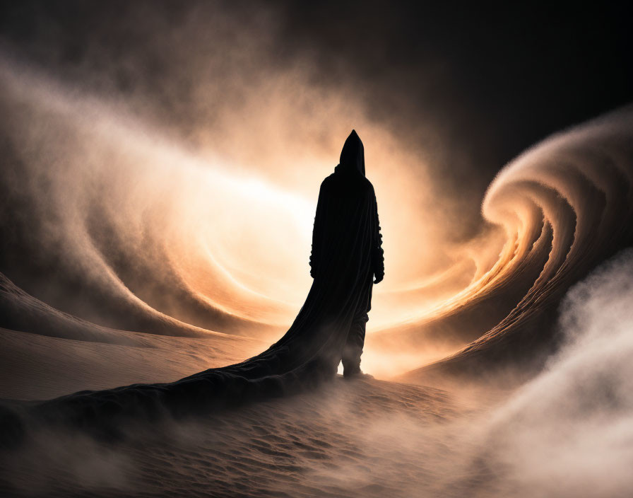 Cloaked figure on sandy dune under swirling sky with warm light