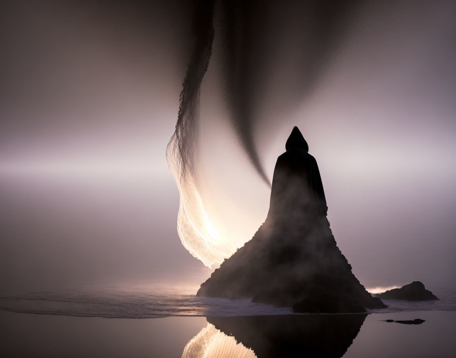 Cloaked figure on rocky islet with swirling beacon of light