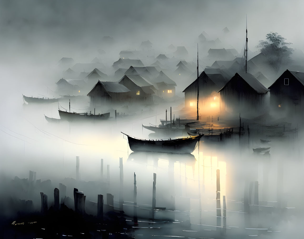 Misty waterside village with silhouetted houses and boats in subdued light