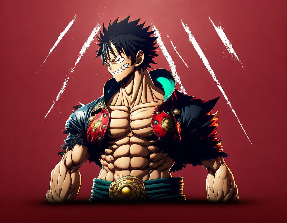 Animated character with spiky black hair, scar on chest, red vest, belt, on red
