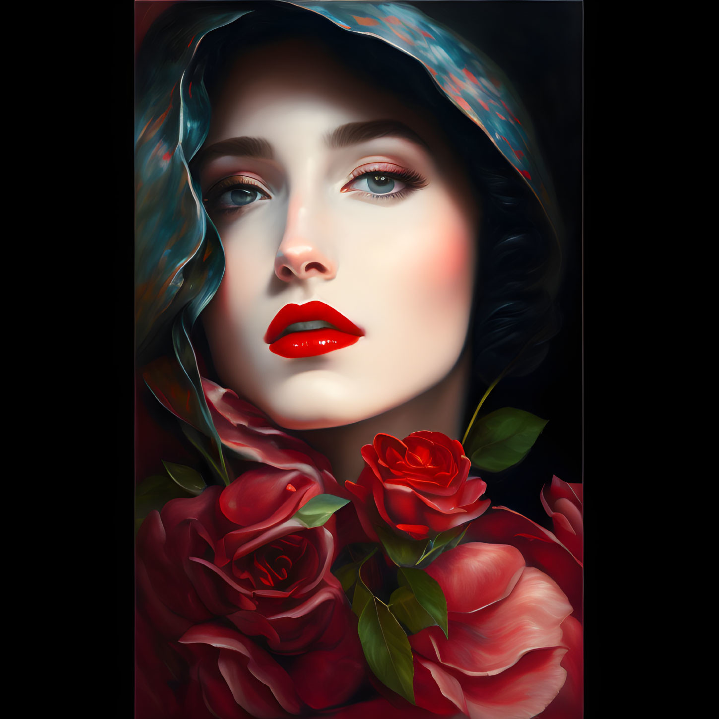 Stylized portrait of woman with red lips and roses on dark background