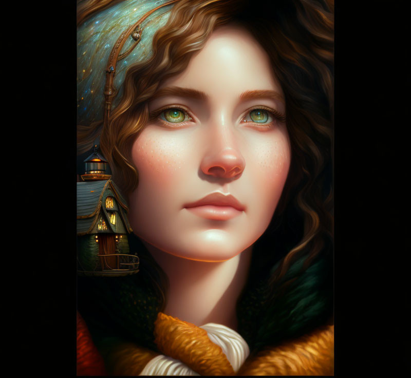 Portrait of woman with green eyes, freckles, curly hair, lighthouse, starry sky